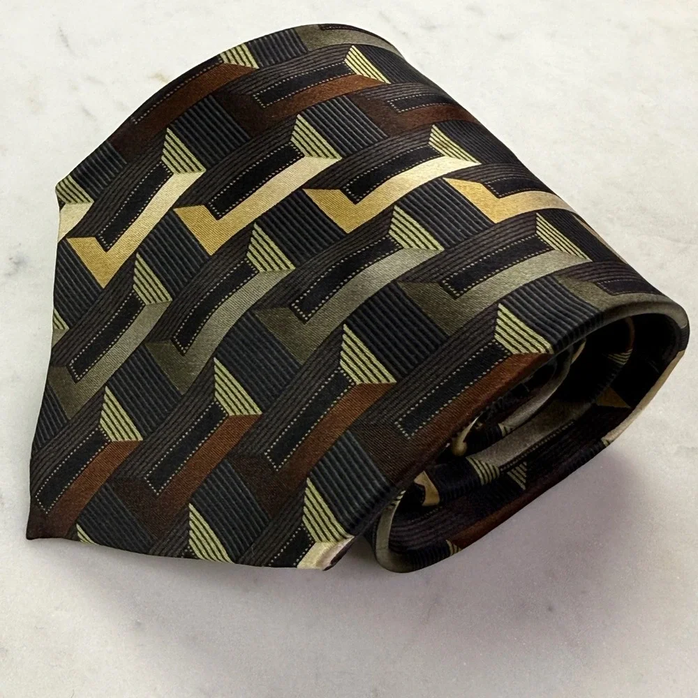 Valerio Garati Mens Silk Tie Black Gold Brown Geometric Handmade 59